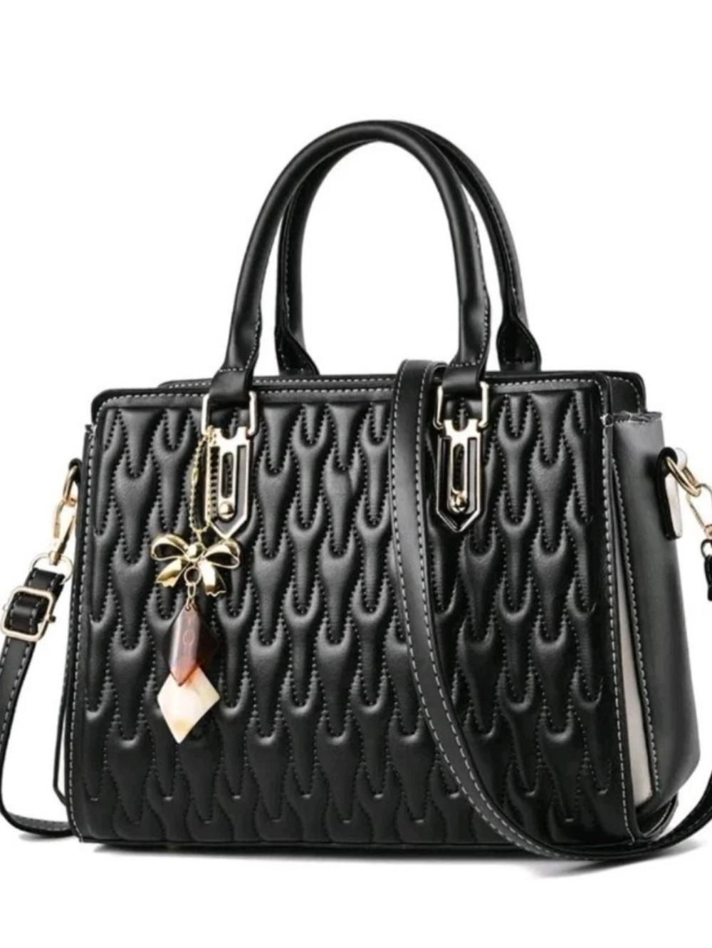 Black Quilted Faux Leather Top-Handle Satchel